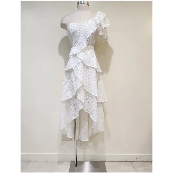 💋UBER GORGE!💋White Floral Crochet One Shoulder Ruffled Asymmetrical Dress - Picture 10 of 16